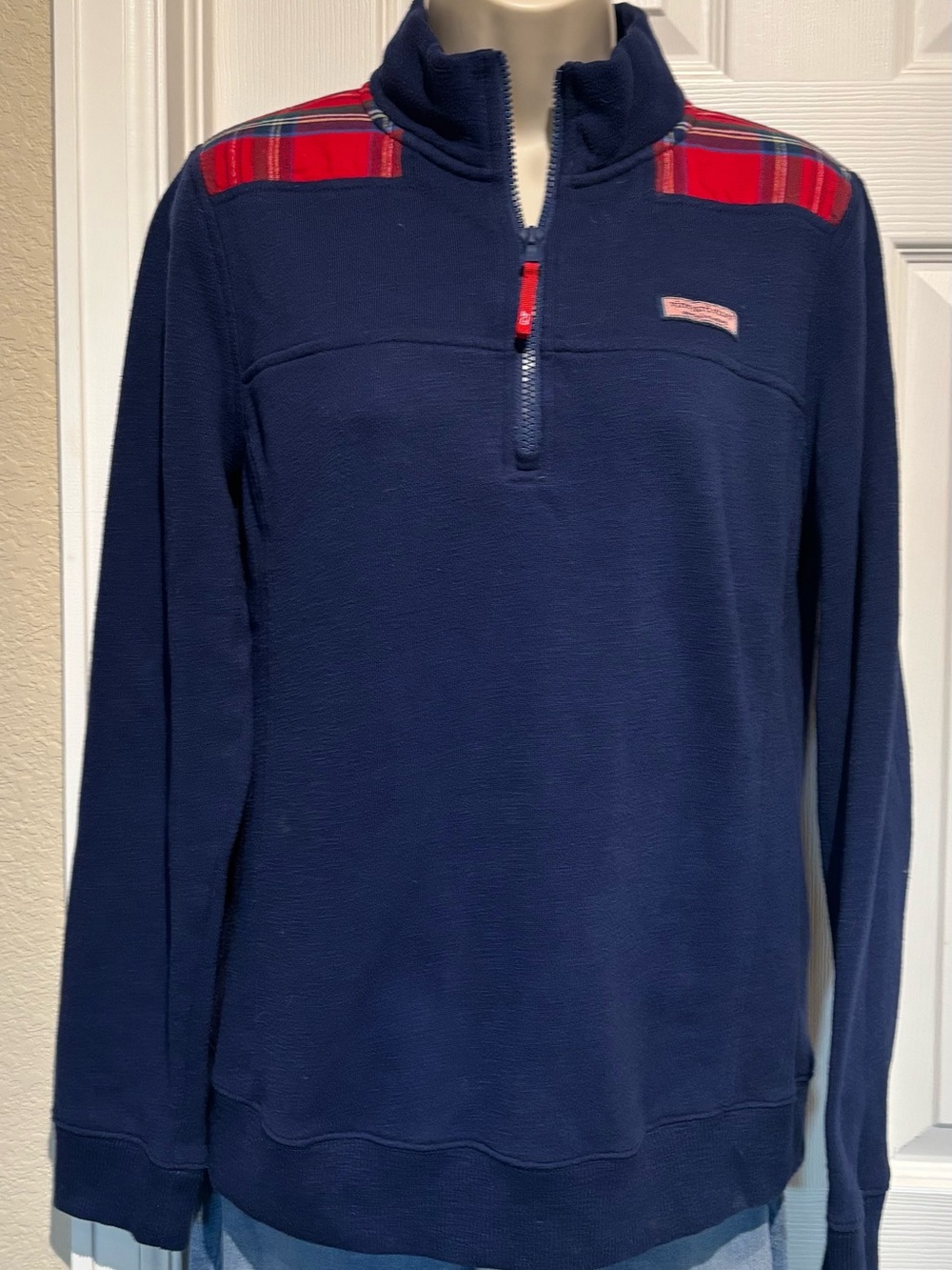Vineyard Vines Navy Quarter-Zip Pullover with Tartan Red Plaid